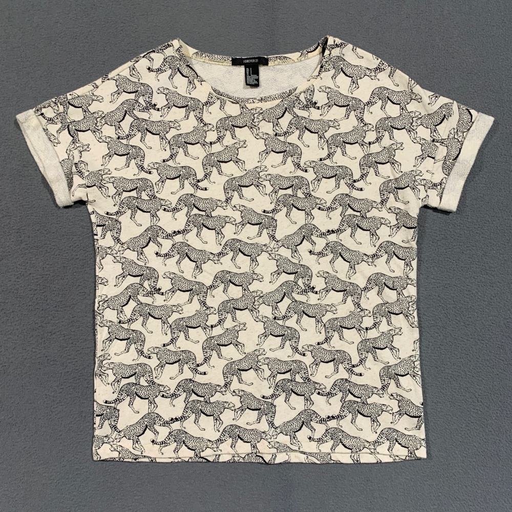 Forever 21 T-Shirt Women Small Cheetah Animal Print Cuffed Short Sleeve Cream